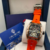 HANBORO Luxury Skeleton Automatic Watch Silver Tonneau Case with Orange Rubber Strap(ORIGINAL)