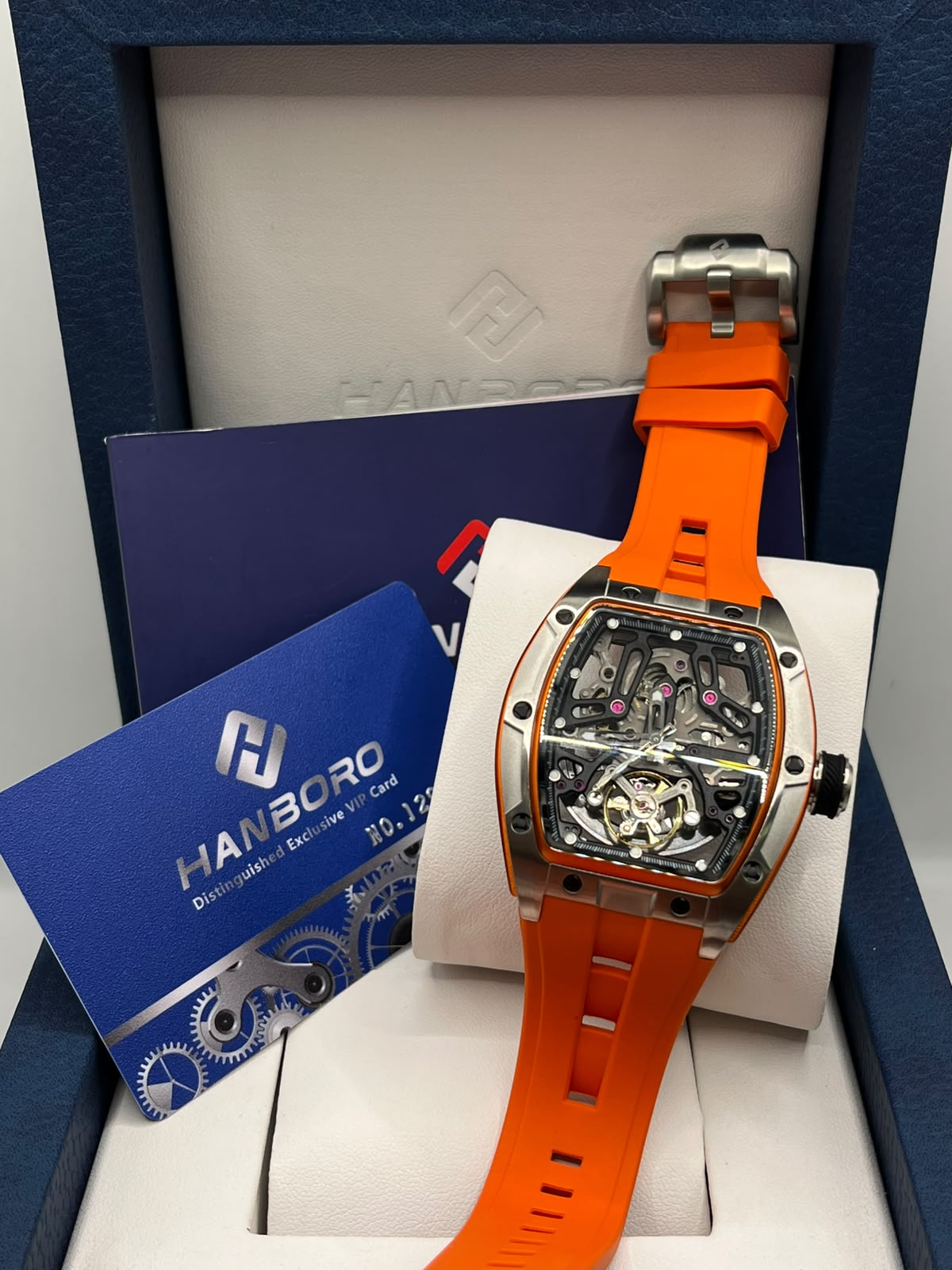 HANBORO Luxury Skeleton Automatic Watch Silver Tonneau Case with Orange Rubber Strap(ORIGINAL)