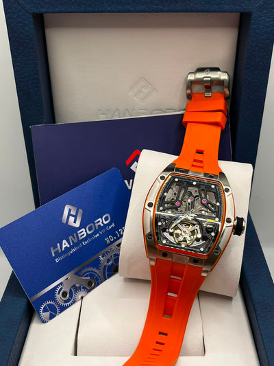 HANBORO Luxury Skeleton Automatic Watch Silver Tonneau Case with Orange Rubber Strap(ORIGINAL)