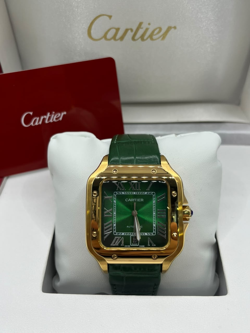 Cartier Santos Watch Green Dial Green Leather Strap (Copy)