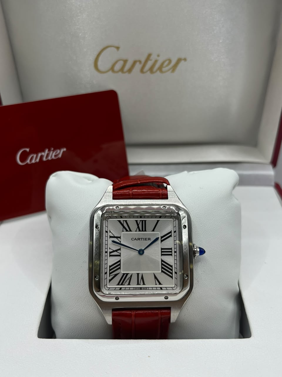 Cartier Santos Watch Silver Dial Red Leather Strap (Copy)