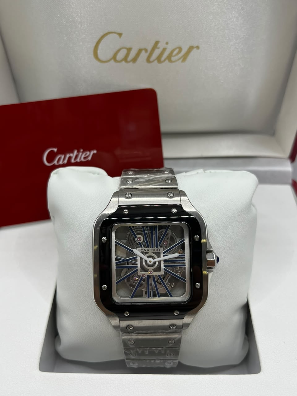 Cartier Santos Skeleton Watch Skeleton Dial Silver Stainless Steel Bracelet (Copy)