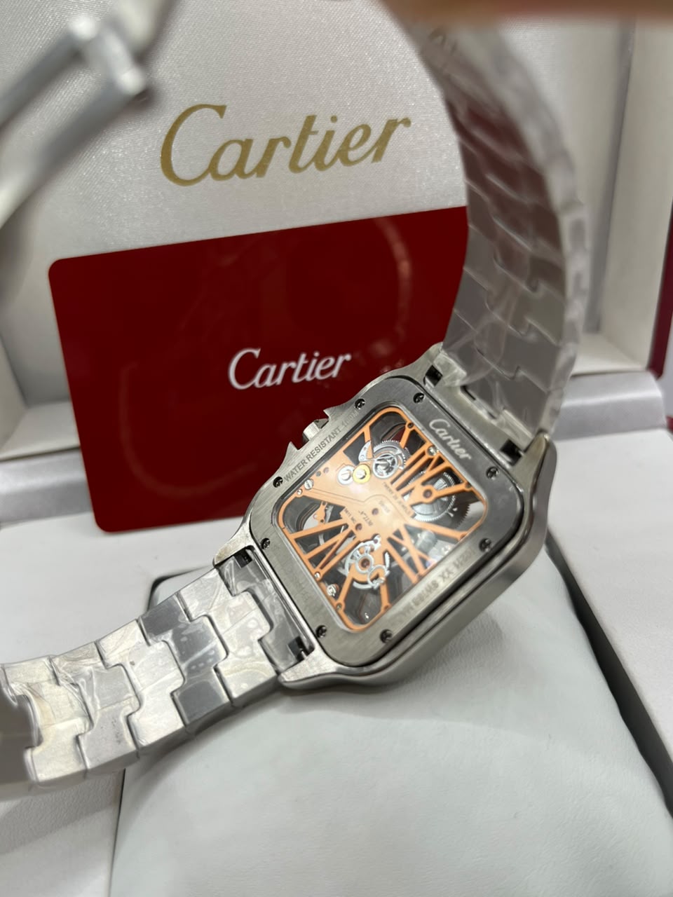Cartier Santos Skeleton Watch Gold Skeleton Dial Silver Stainless Steel Bracelet (Copy)