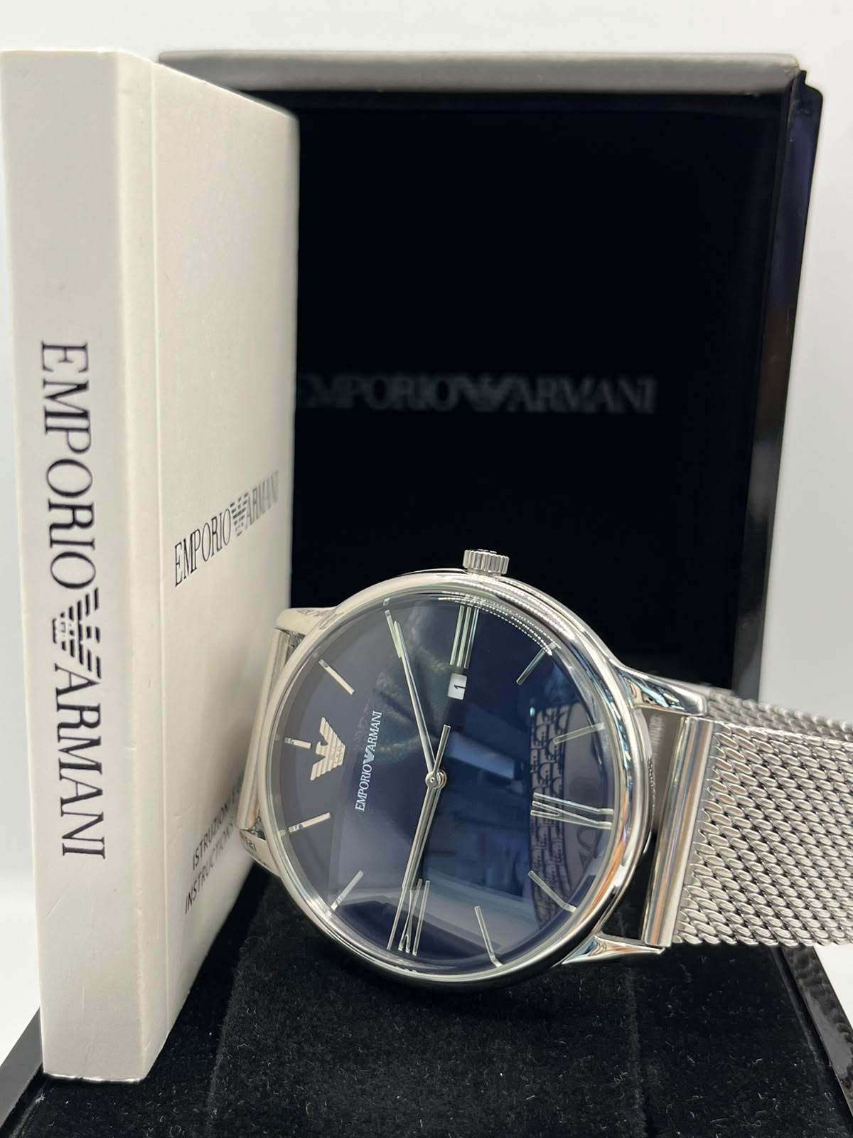 Emporio Armani Black Dial Silver Mesh Bracelet Watch (Copy)