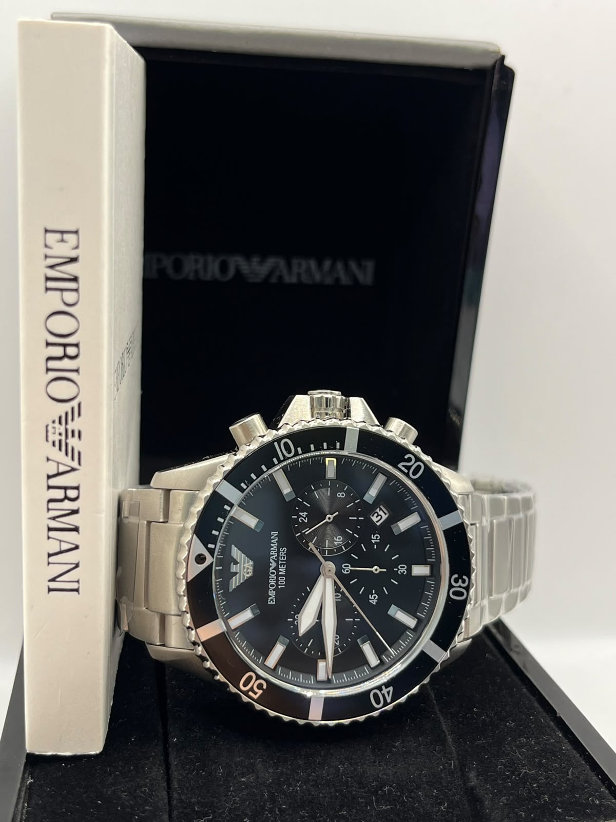 Emporio Armani Diver Chronograph Watch Black Dial Silver Stainless Steel Bracelet (Copy)