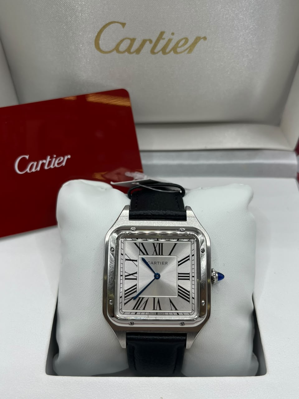 Cartier Santos Watch Silver Dial Black Leather Strap (Copy)