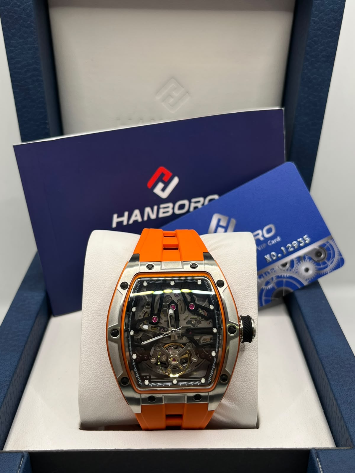HANBORO Luxury Skeleton Automatic Watch Silver Tonneau Case with Orange Rubber Strap(ORIGINAL)