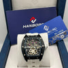HANBORO Skeleton Automatic Watch Black Tonneau Case with White Strap (ORIGINAL)