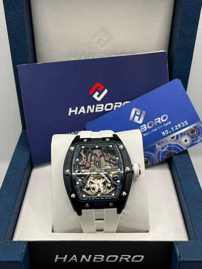 HANBORO Skeleton Automatic Watch Black Tonneau Case with White Strap (ORIGINAL)