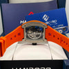 HANBORO Luxury Skeleton Automatic Watch Silver Tonneau Case with Orange Rubber Strap(ORIGINAL)