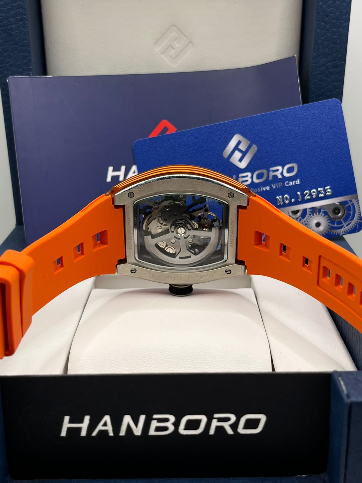 HANBORO Luxury Skeleton Automatic Watch Silver Tonneau Case with Orange Rubber Strap(ORIGINAL)
