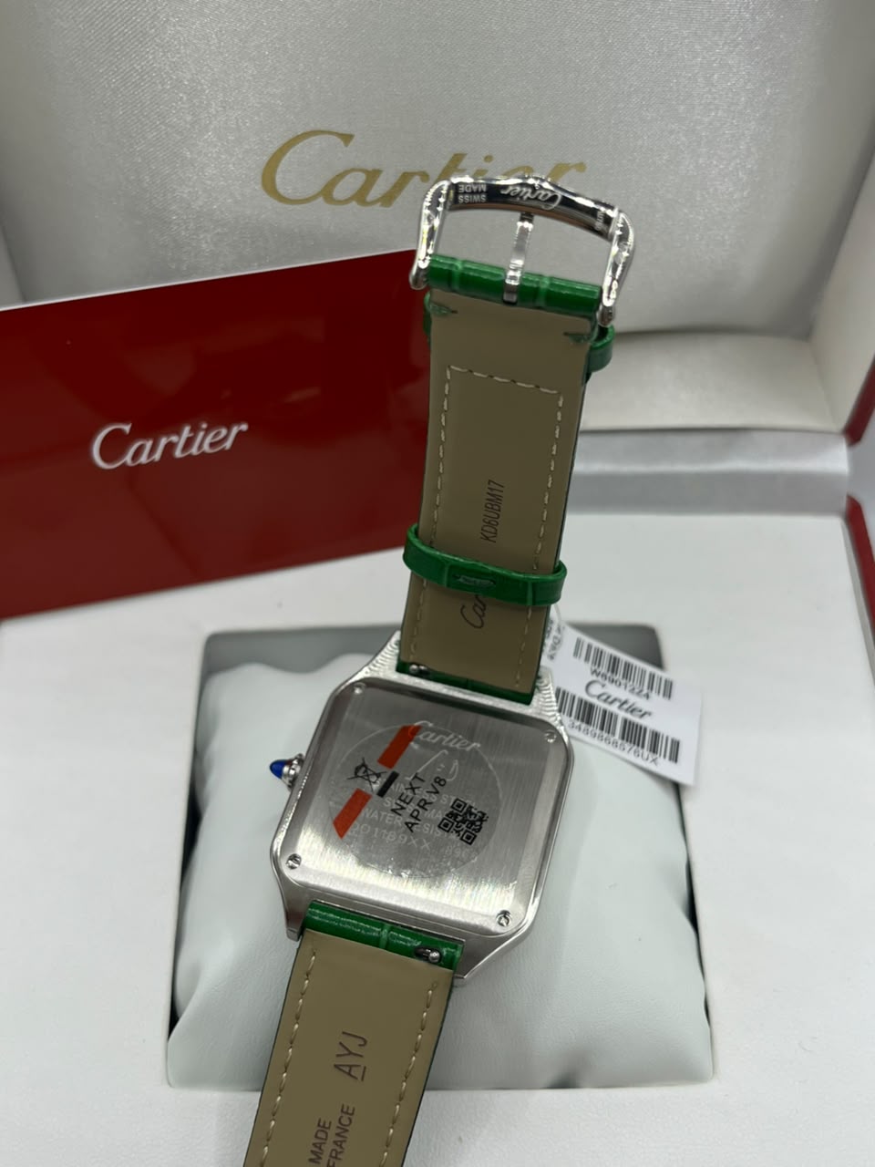 Cartier Santos Watch Silver Dial Green Leather Strap (Copy)