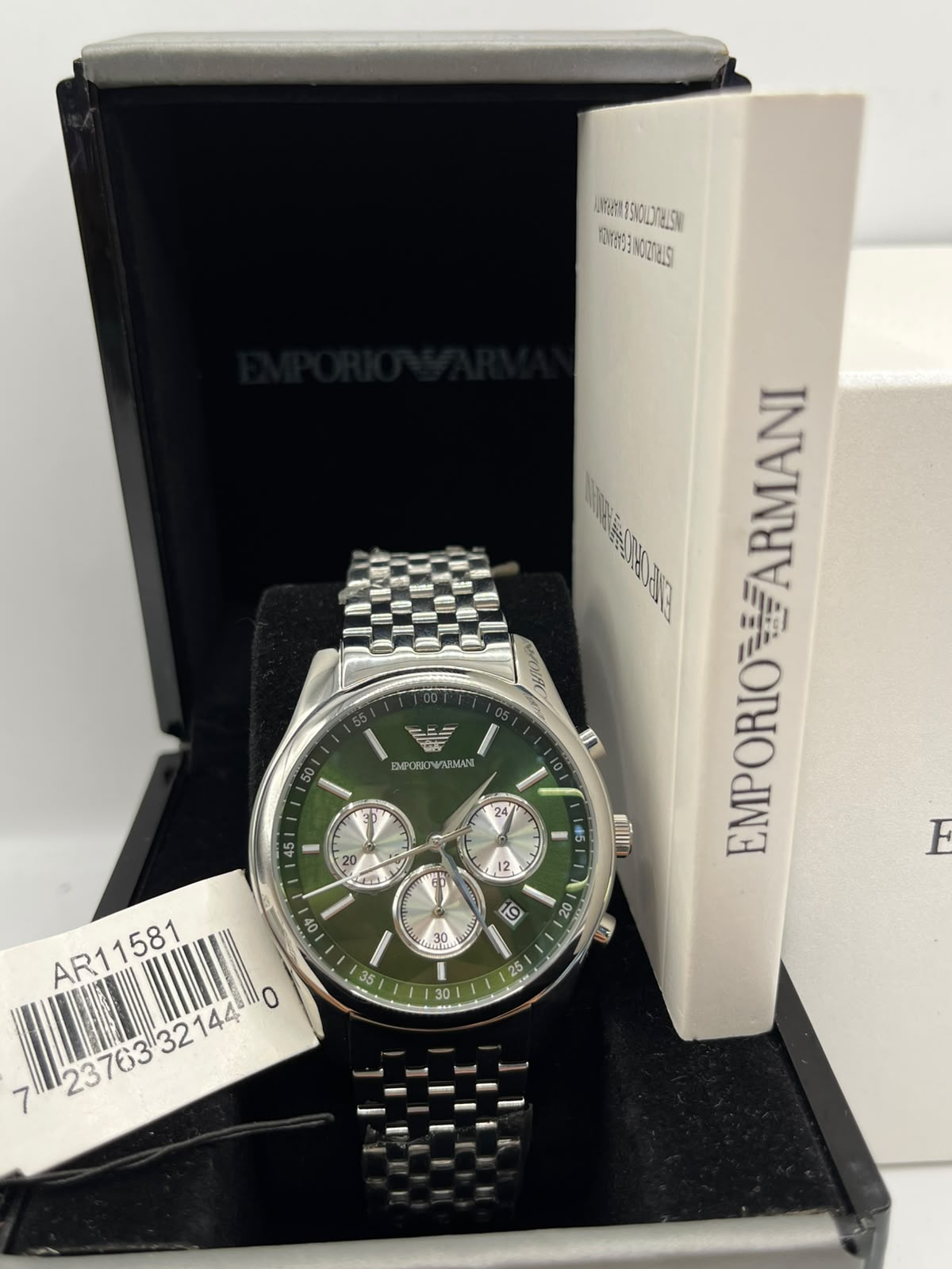 Emporio Armani Chronograph Watch Green Dial Silver Stainless Steel Bracelet (Copy)