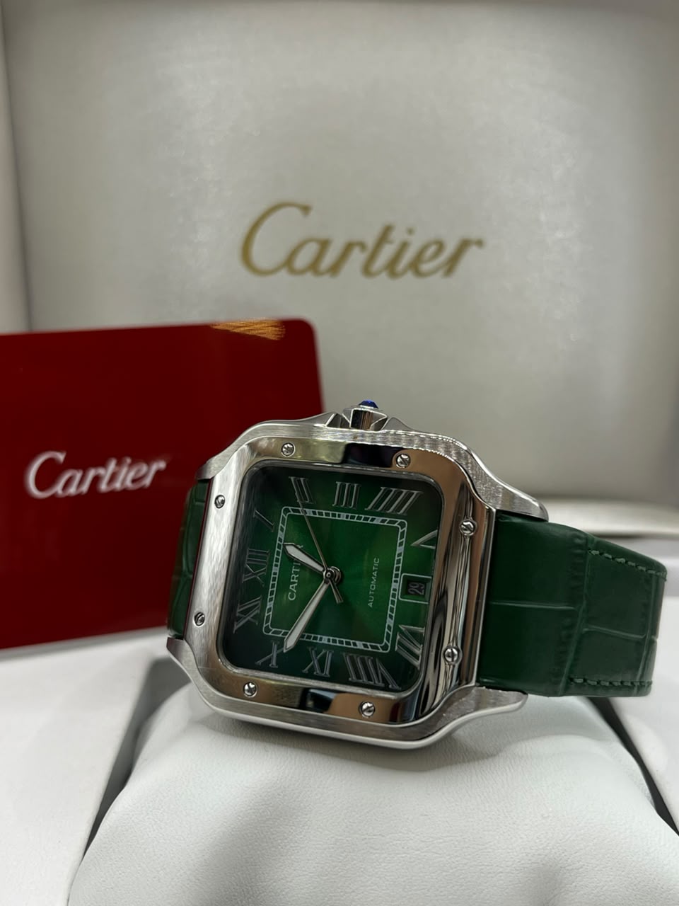 Cartier Santos Watch Green Dial Silver Stainless Steel Bracelet (Copy)