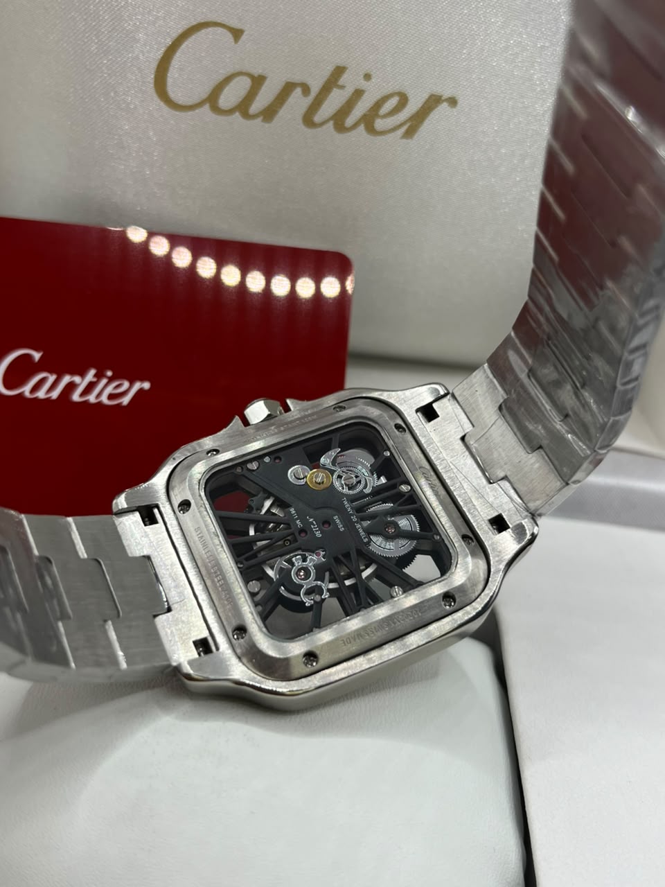 Cartier Santos Skeleton Watch Green Skeleton Dial Silver Stainless Steel Bracelet (Copy)