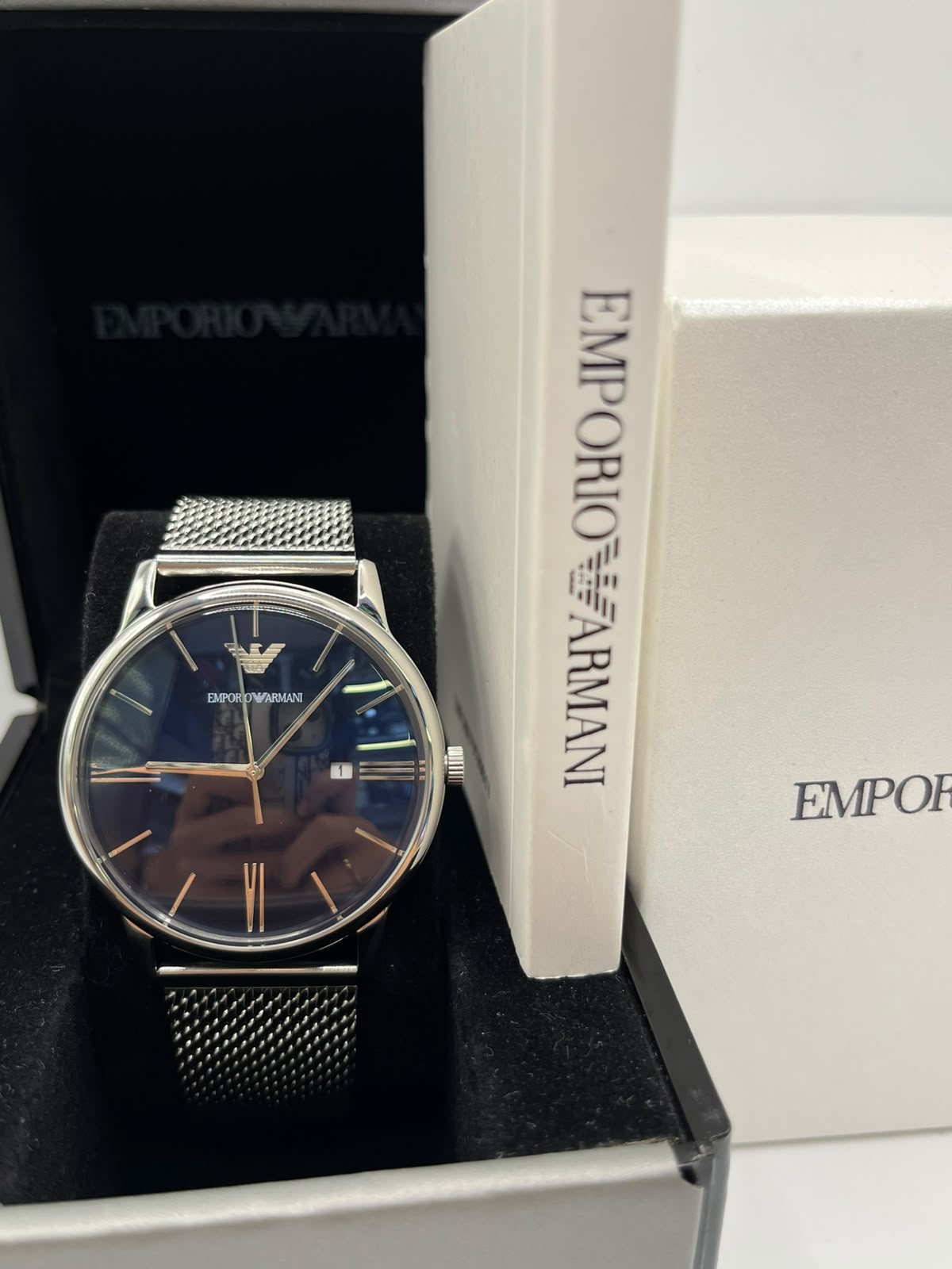 Emporio Armani Black Dial Silver Mesh Bracelet Watch (Copy)