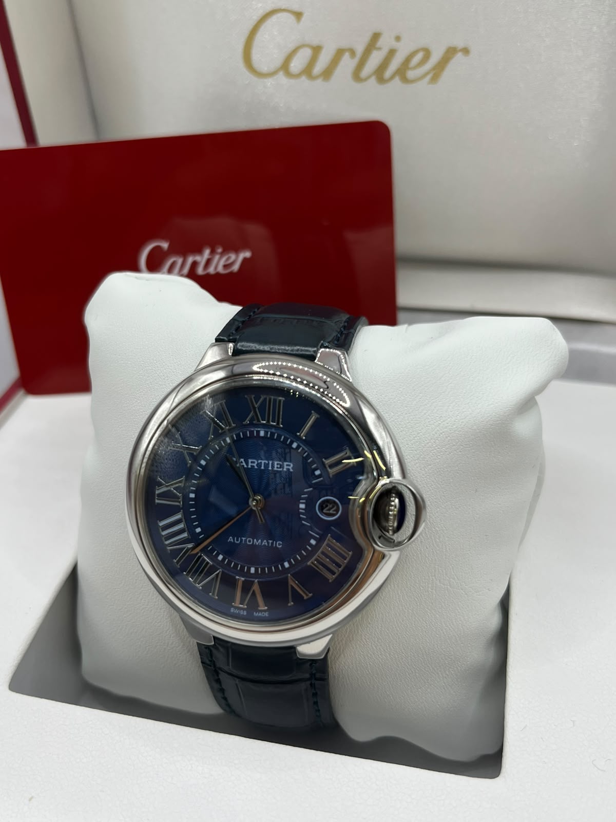 Cartier Ballon Bleu automatique cuir Watch Blue Dial Black Leather Strap (Copy)