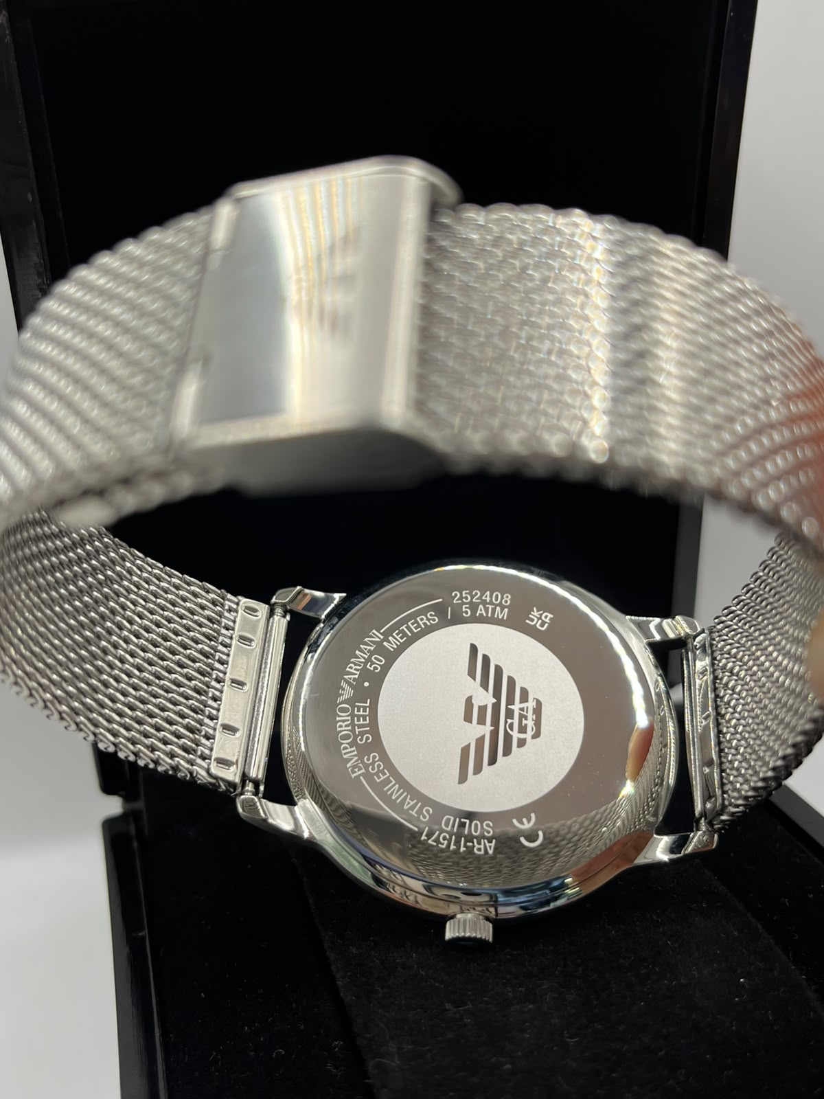 Emporio Armani Black Dial Silver Mesh Bracelet Watch (Copy)