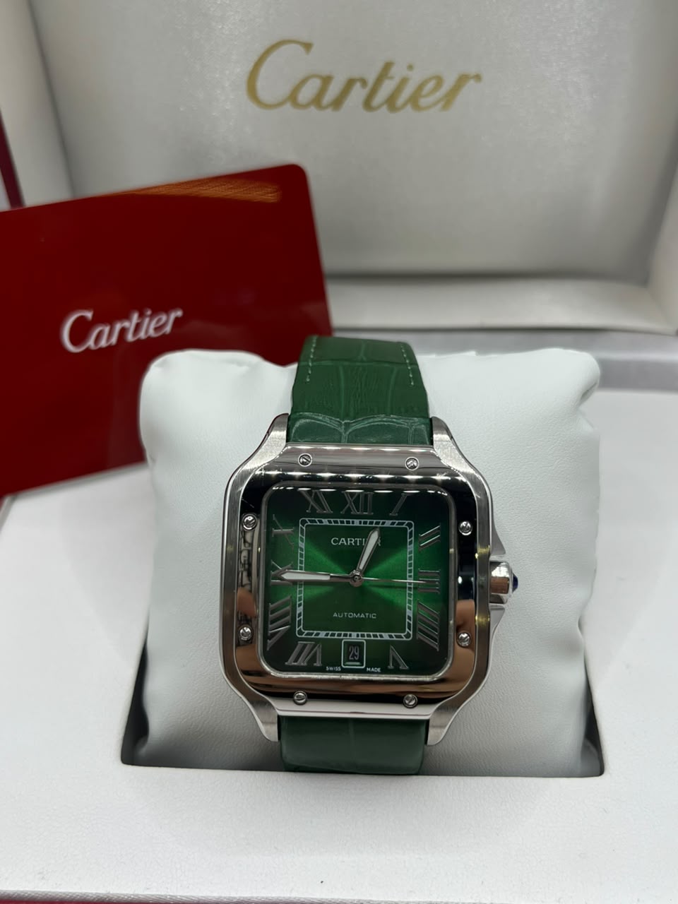 Cartier Santos Watch Green Dial Silver Stainless Steel Bracelet (Copy)