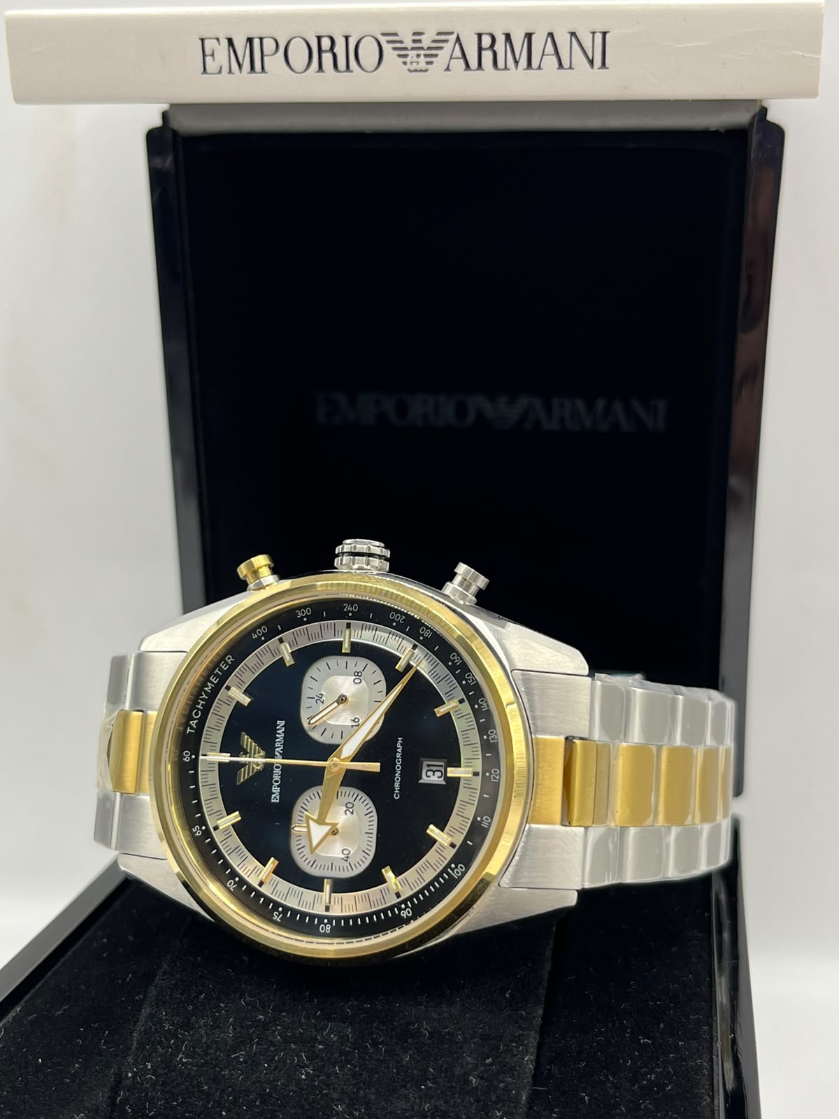 Emporio Armani Chronograph Watch Black Dial Two-Tone Gold & Silver Stainless Steel Bracelet (Copy)
