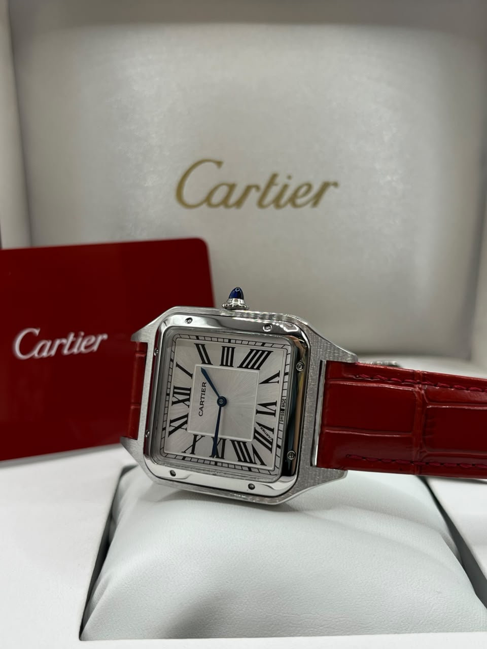 Cartier Santos Watch Silver Dial Red Leather Strap (Copy)