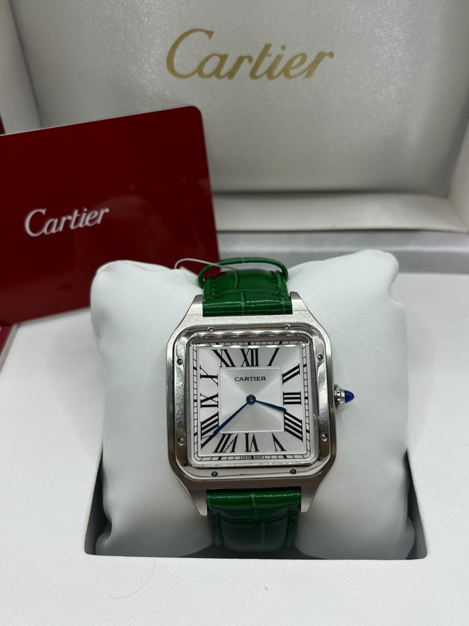 Cartier Santos Watch Silver Dial Green Leather Strap (Copy)