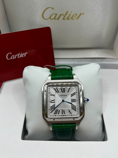 Cartier Santos Watch Silver Dial Green Leather Strap (Copy)