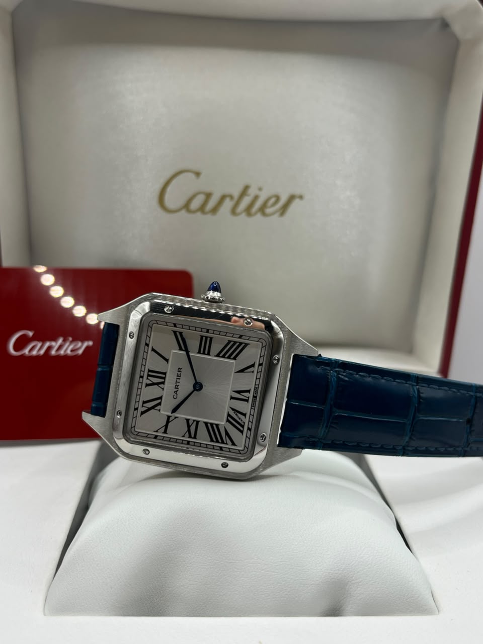 Cartier Santos Watch Silver Dial Blue Leather Strap (Copy)