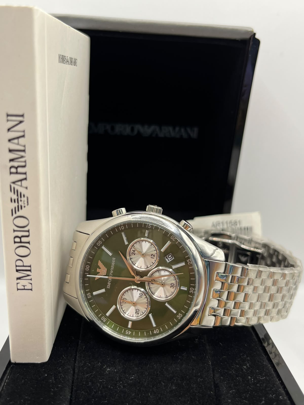 Emporio Armani Chronograph Watch Green Dial Silver Stainless Steel Bracelet (Copy)