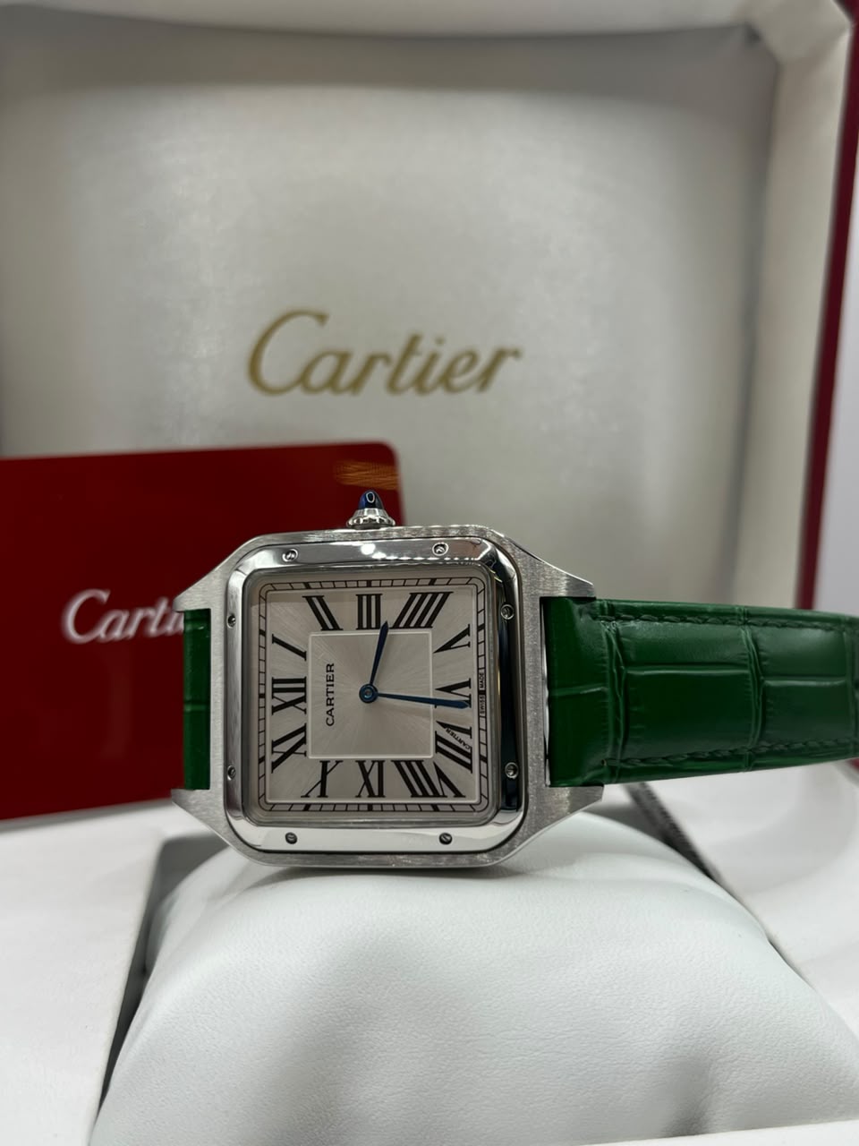 Cartier Santos Watch Silver Dial Green Leather Strap (Copy)