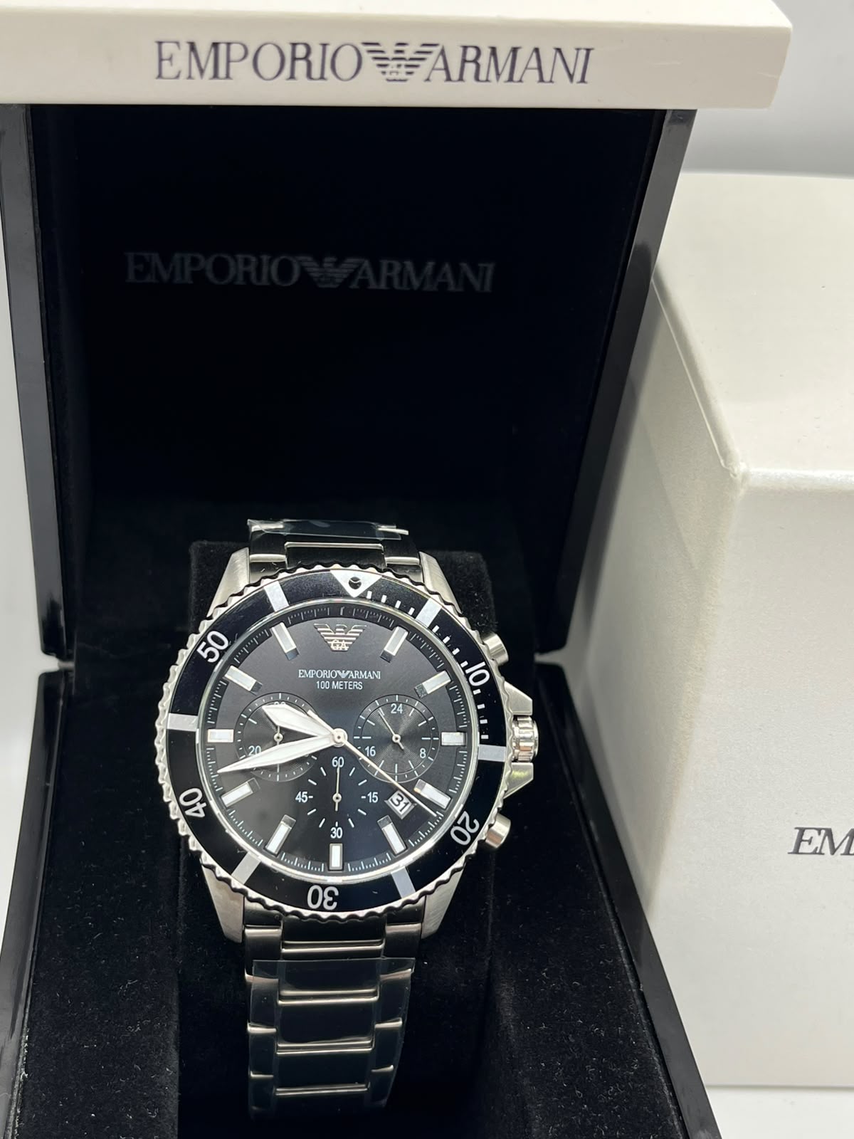 Emporio Armani Diver Chronograph Watch Black Dial Silver Stainless Steel Bracelet (Copy)