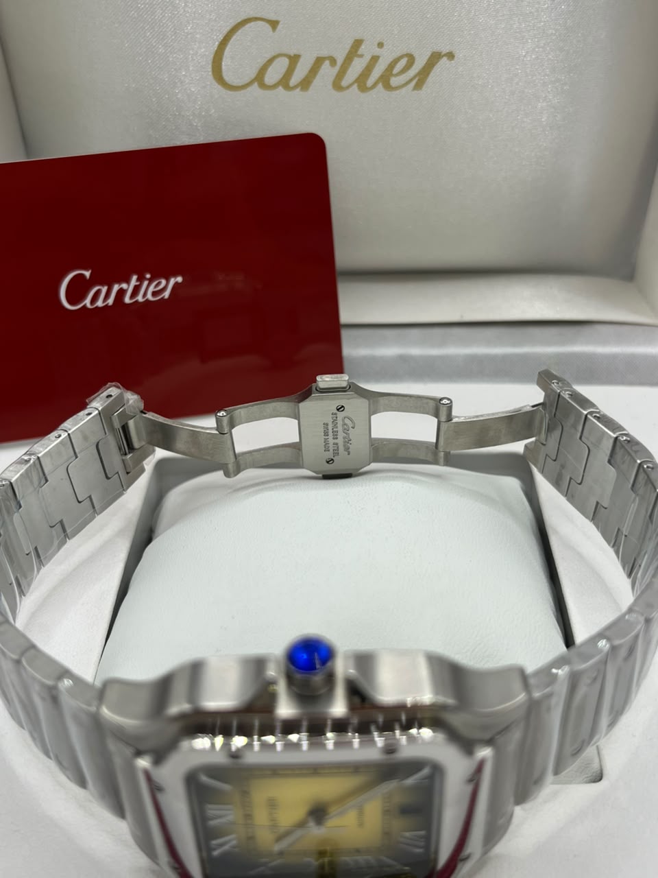 Cartier Santos Watch Yellow Dial Silver Stainless Steel Bracelet (Copy)