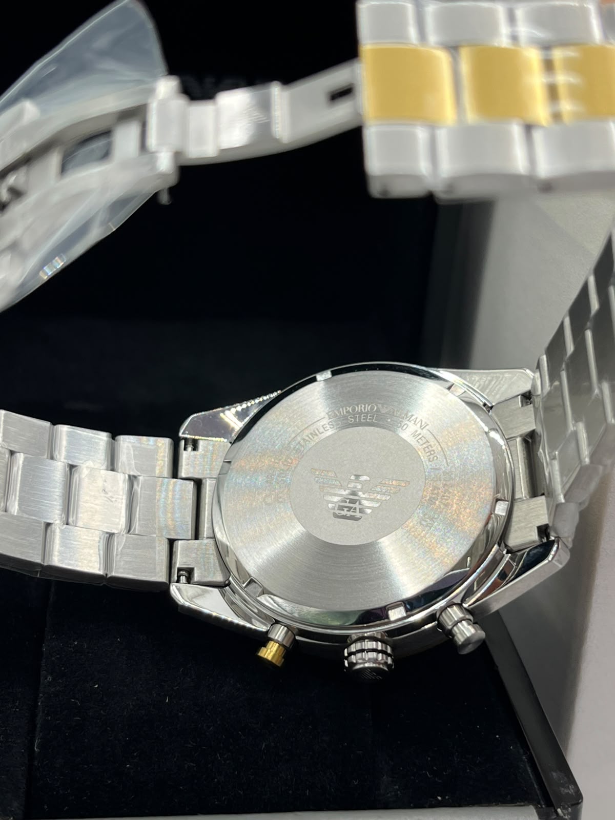 Emporio Armani Chronograph Watch Black Dial Two-Tone Gold & Silver Stainless Steel Bracelet (Copy)