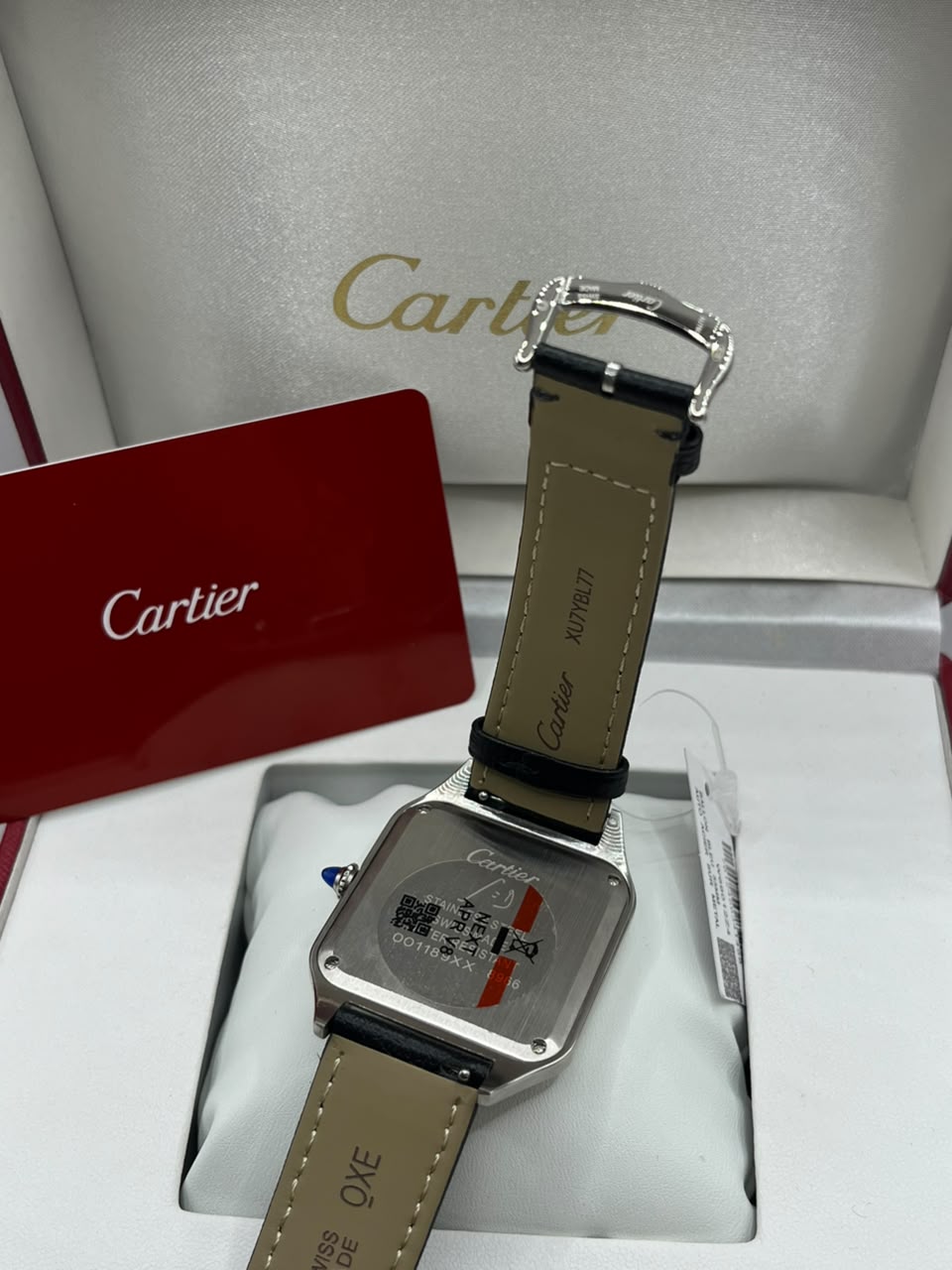Cartier Santos Watch Silver Dial Black Leather Strap (Copy)