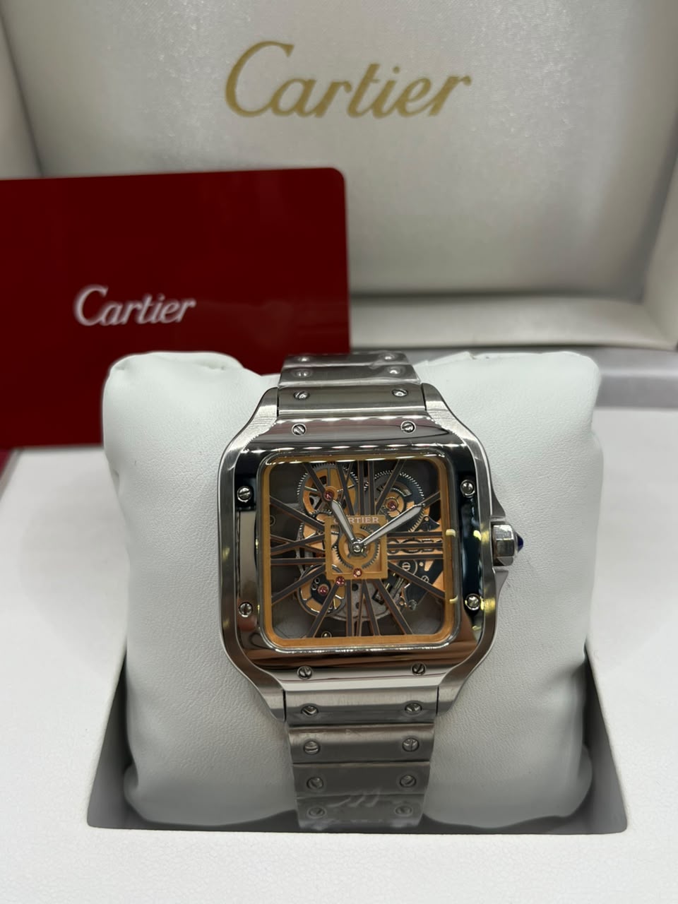 Cartier Santos Skeleton Watch Gold Skeleton Dial Silver Stainless Steel Bracelet (Copy)