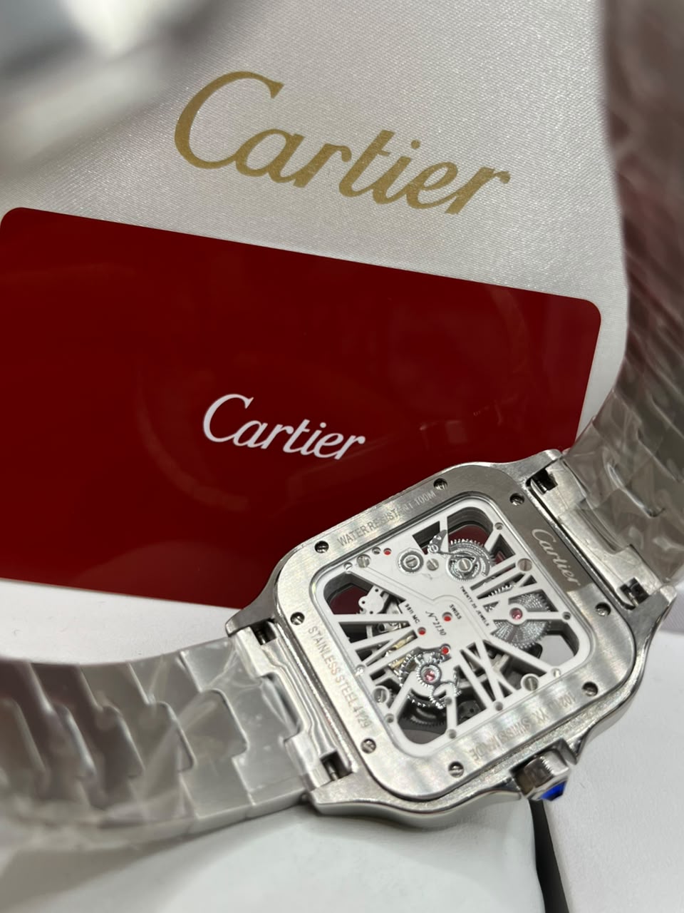 Cartier Santos Skeleton Watch Skeleton Dial Silver Stainless Steel Bracelet (Copy)