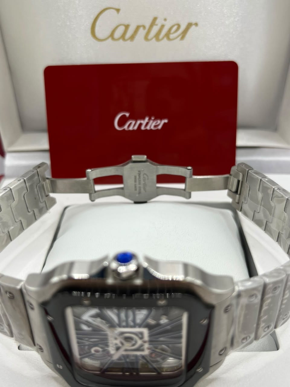 Cartier Santos Skeleton Watch Skeleton Dial Silver Stainless Steel Bracelet (Copy)