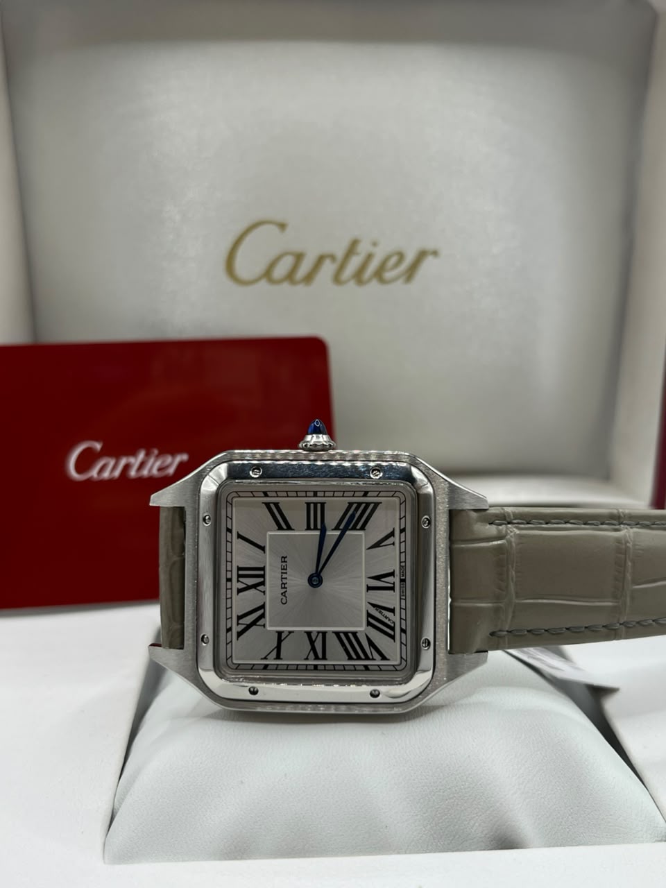 Cartier Santos Watch Silver Dial Light Brown Leather Strap (Copy)