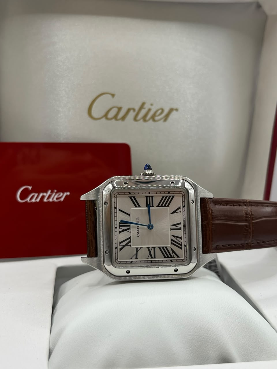 Cartier Santos Watch Silver Dial Dark Brown Leather Strap (Copy)