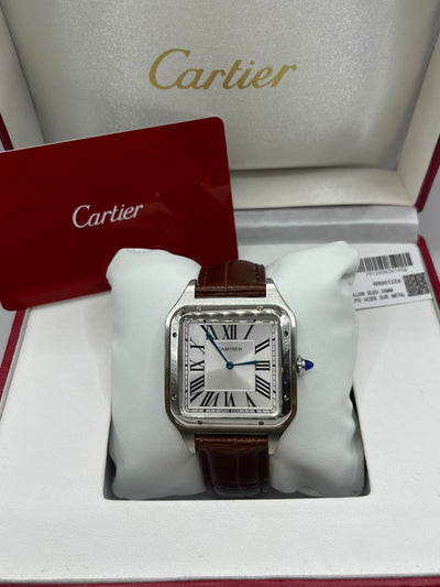 Cartier Santos Watch Silver Dial Dark Brown Leather Strap (Copy)