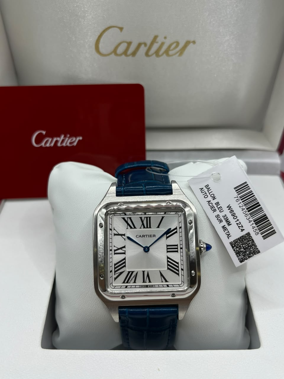 Cartier Santos Watch Silver Dial Blue Leather Strap (Copy)