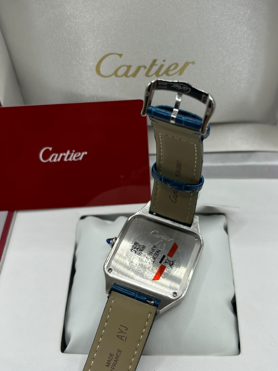 Cartier Santos Watch Silver Dial Blue Leather Strap (Copy)