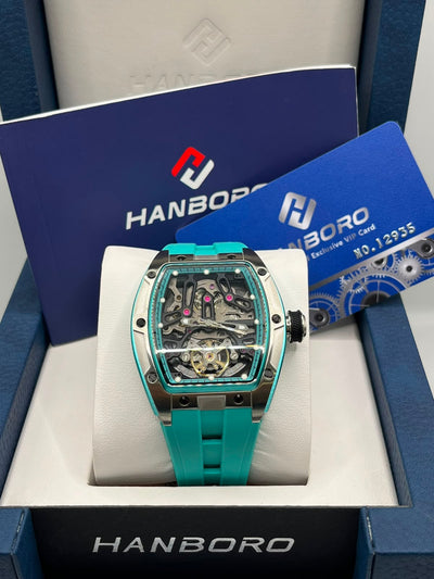 HANBORO Automatic Skeleton Watch Turquoise & Silver (ORIGINAL)
