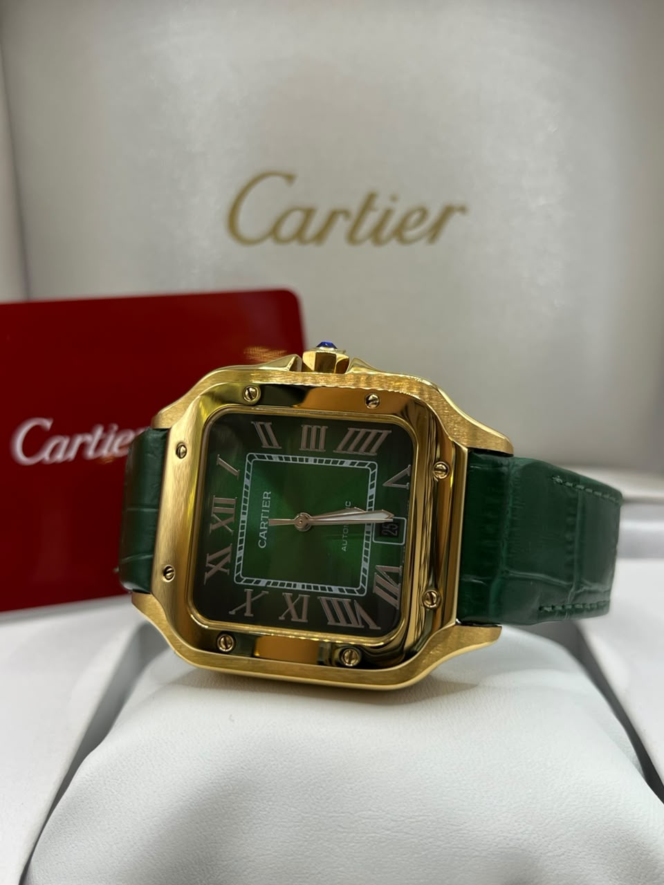 Cartier Santos Watch Green Dial Green Leather Strap (Copy)
