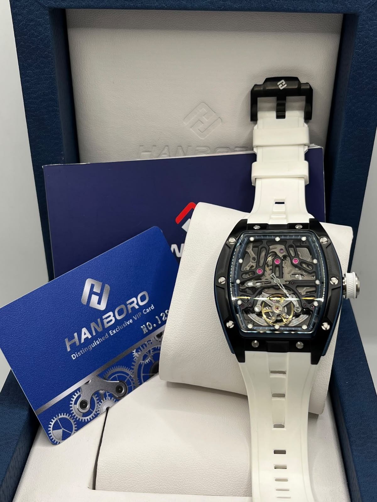 HANBORO Skeleton Automatic Watch Black Tonneau Case with White Strap (ORIGINAL)