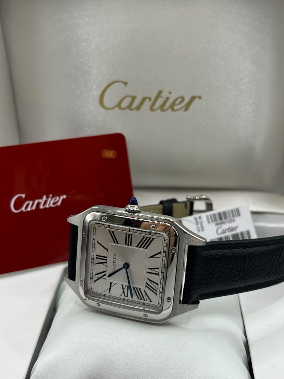 Cartier Santos Watch Silver Dial Black Leather Strap (Copy)