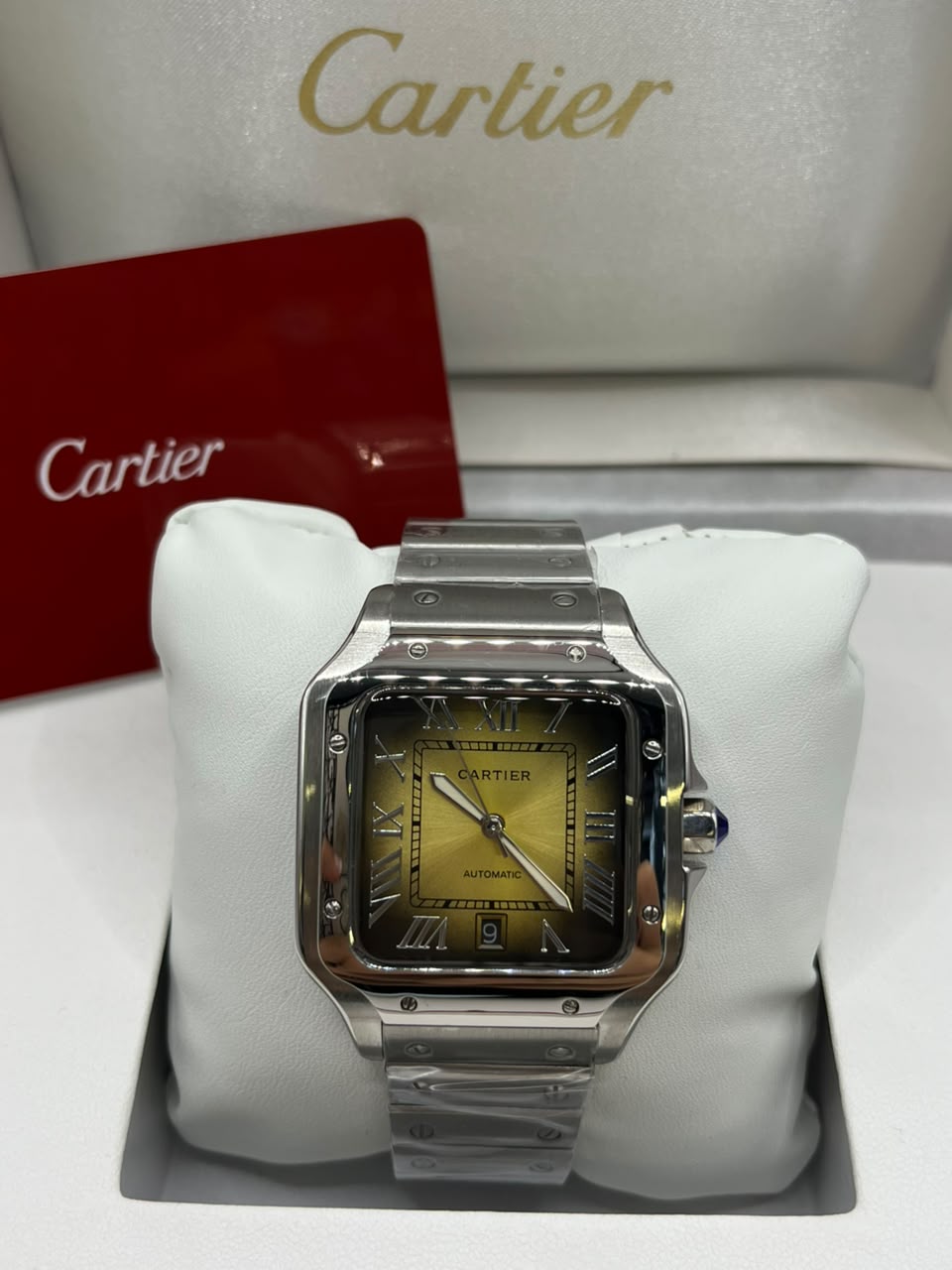 Cartier Santos Watch Yellow Dial Silver Stainless Steel Bracelet (Copy)