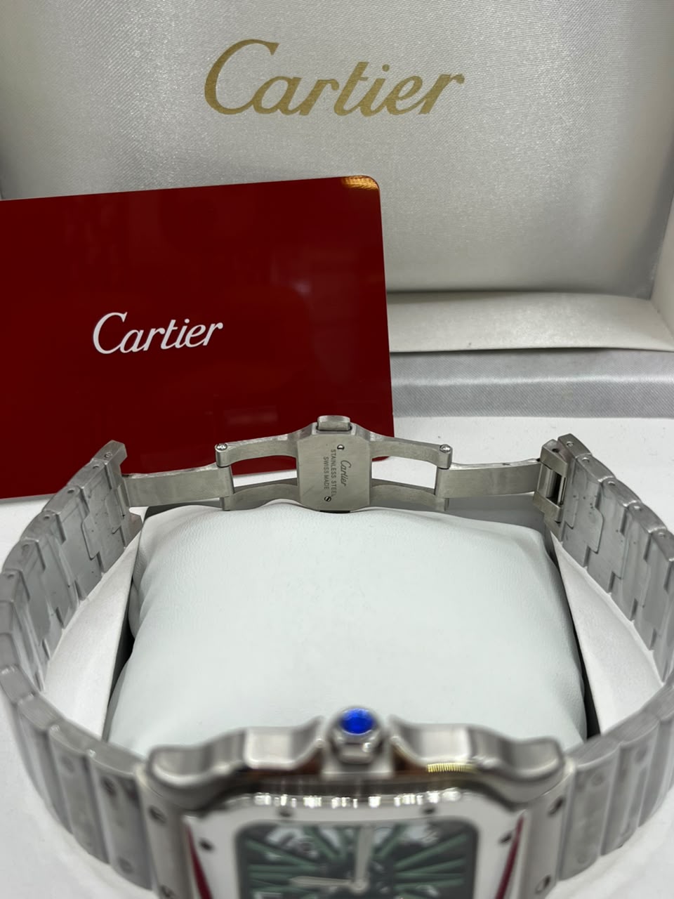 Cartier Santos Skeleton Watch Green Skeleton Dial Silver Stainless Steel Bracelet (Copy)