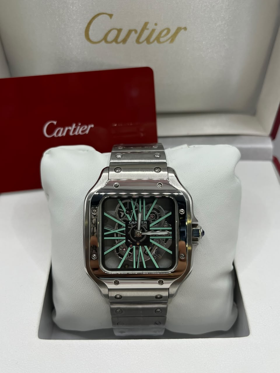 Cartier Santos Skeleton Watch Green Skeleton Dial Silver Stainless Steel Bracelet (Copy)